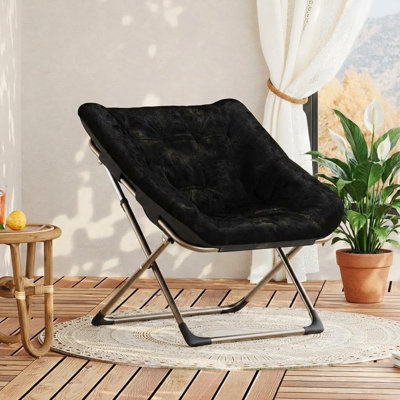 Saucer Chair for Adults, Faux Fur Foldable Round Chair, 300 lb Metal Frame, Reading Chair