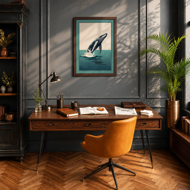Breaching Whale Coastal - Framed Print, A2 - 59.4 x 42.0 cm, Walnut
