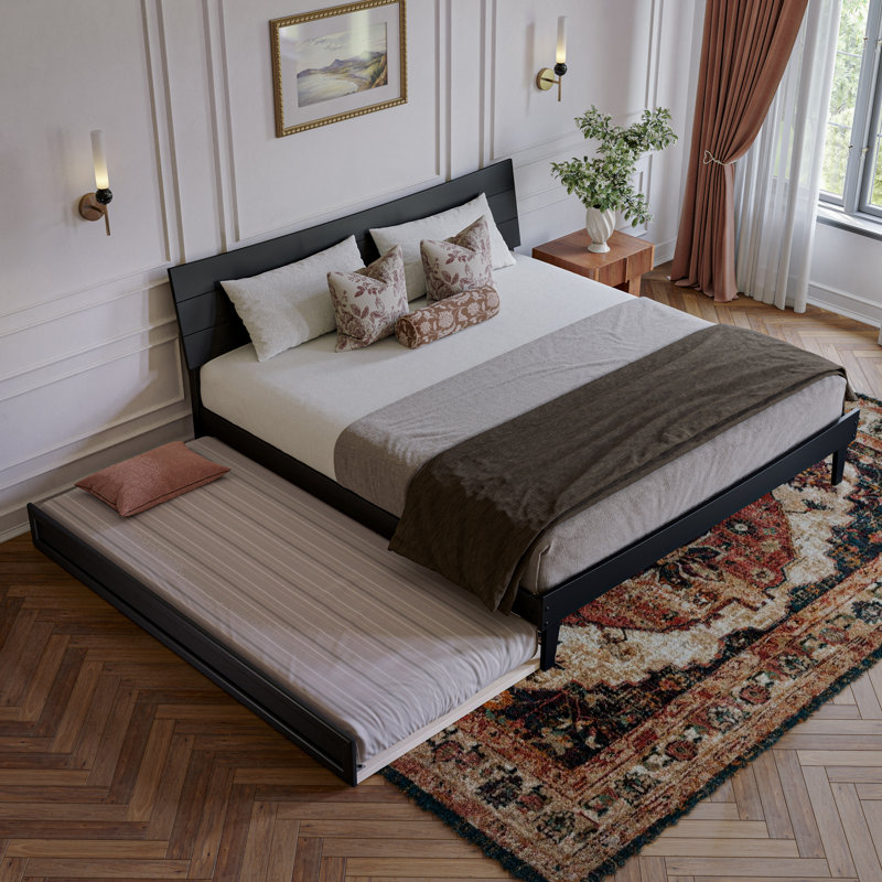 Phoenix Wood Platform Bed with Trundle, Noir, King