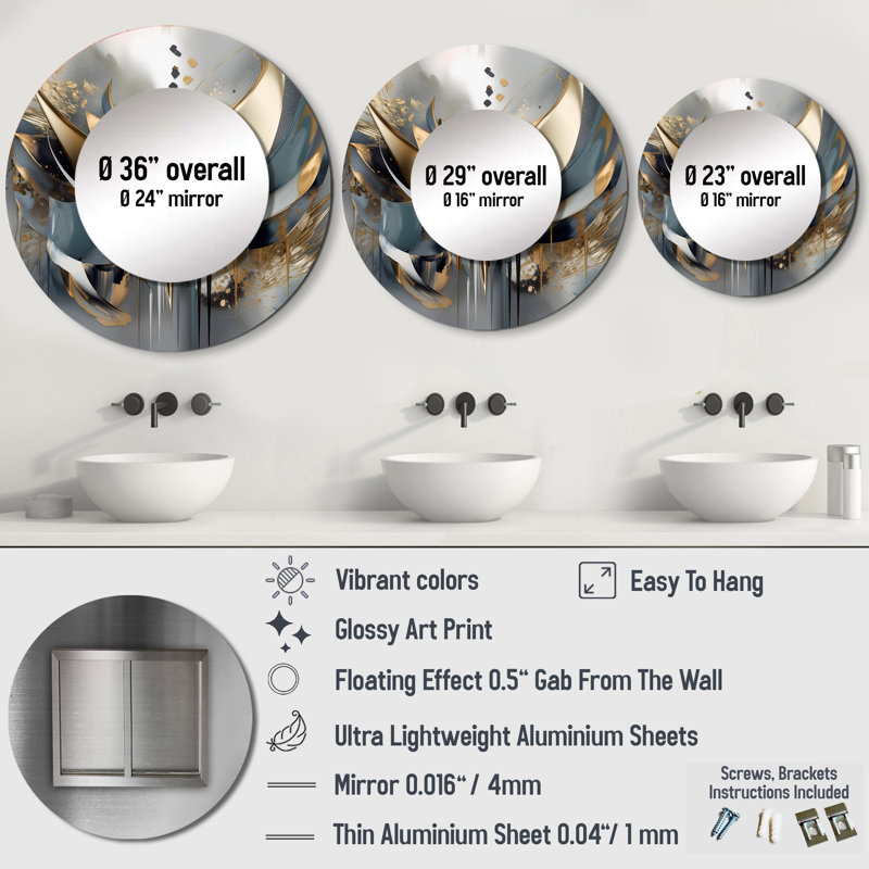 Prajna Abstract Shapes And Lines IV - Marble Large Mirror, Modern Round Unique Wall Mirror Decor, Printed Metal Art