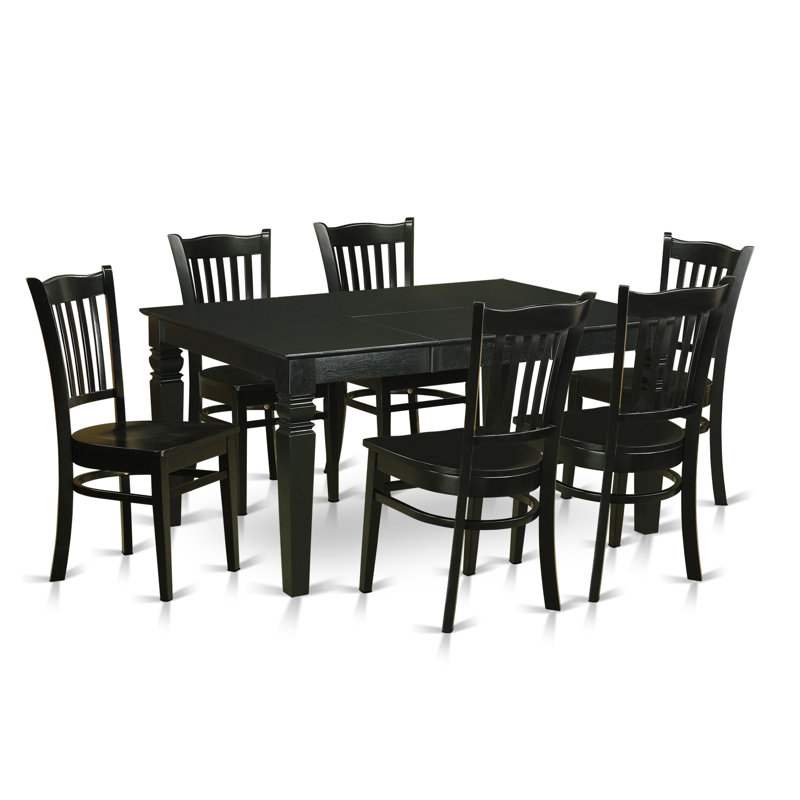 7 Piece Dining Table Set Consist of a Rectangle Dining Room Table with Butterfly Leaf and 6 Wooden Seat Chairs, Black, Black