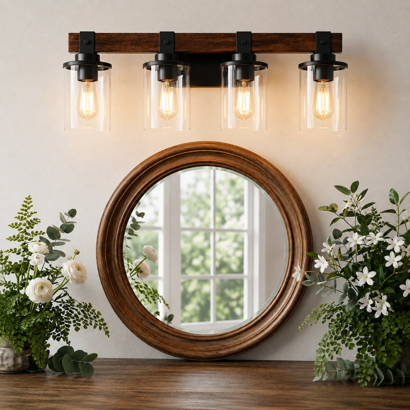 Modern Farmhouse Wood Vanity Light, Solid Wood & Black Metal Bathroom Vanity Lights With Clear Glass Shade, 4 Lights