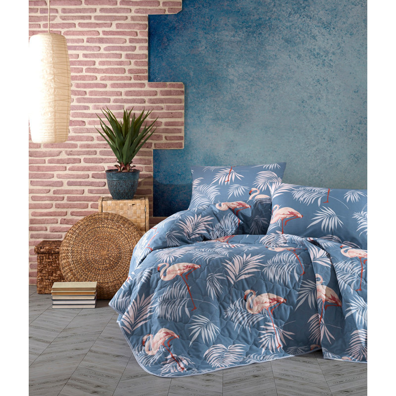 Ensemble de couvre-lit / couvre-lit 100% coton bleu / blanc / orange Reva