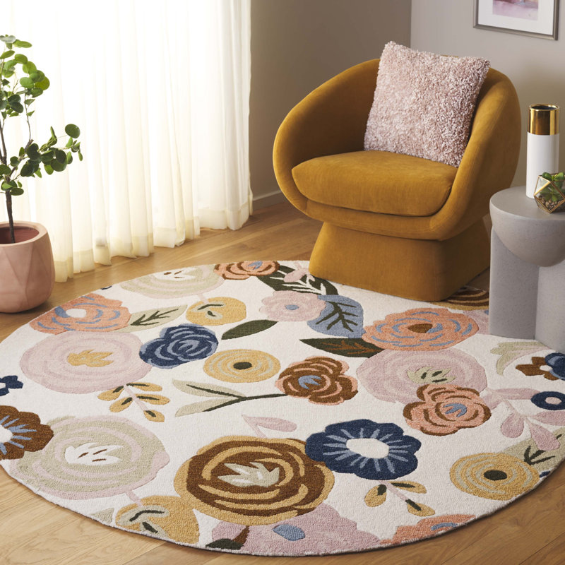 Chelsea Tufted Wool Cotton With Latex Floral Rug in Ivory/Pink, Round 6'