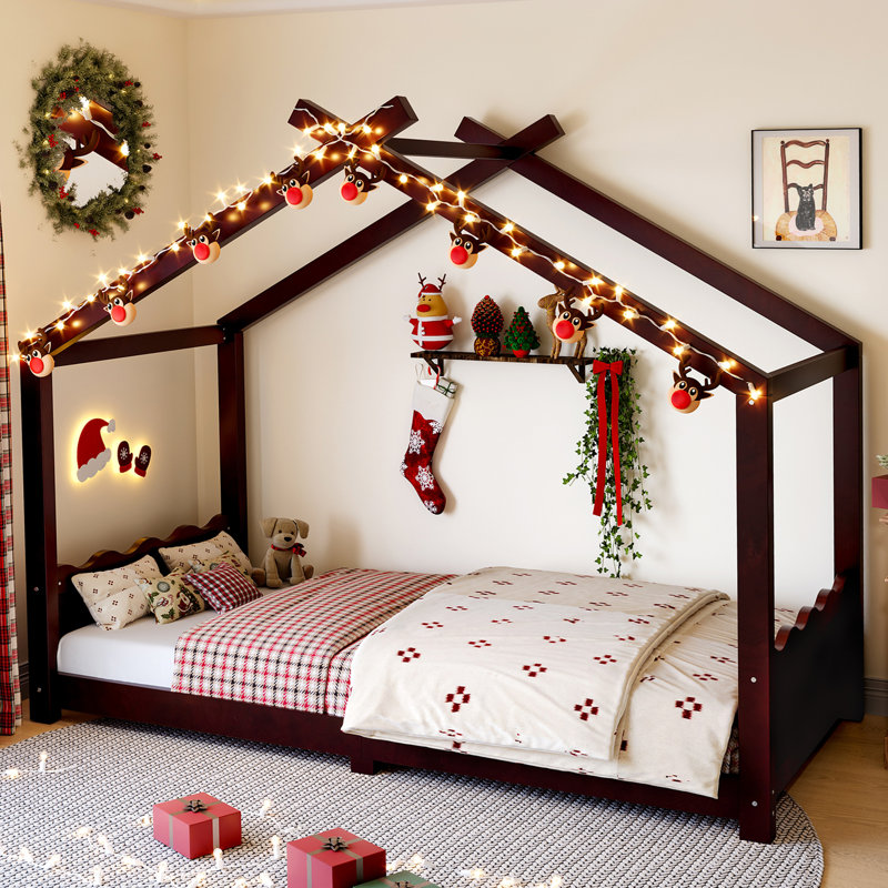 Twin House Floor Bed with Support Slats, Solid Wood Frame, No Box Spring Needed, Montessori-Inspired Design, Gray, Twin