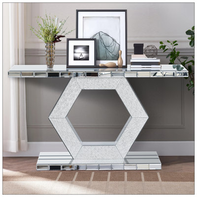 Contemporary Hexagonal Crystal Glass Console Table with Dual-Tier Mirrored Design for Elegant Home Decor by Everly Quinn