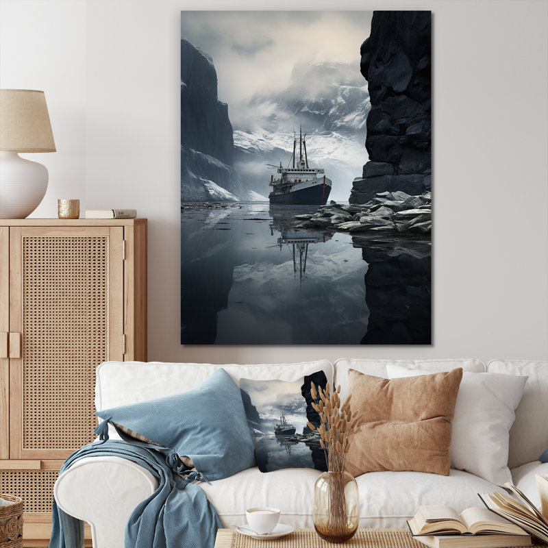 Bateau entrant dans le fjords, H 20 po x l 12 po, Toile tendue