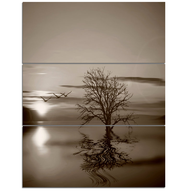 Sepia Landscape with Birds and Tree Canvas Print