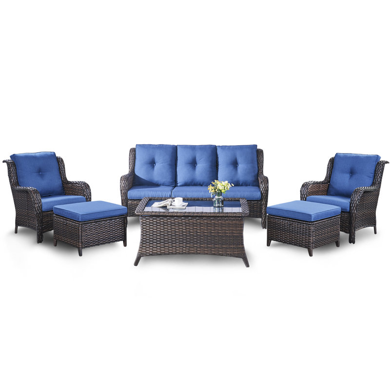 Bonia Wicker 5 - Person Patio Conversation Set with Cushions, Brown Frame/Blue Cushion