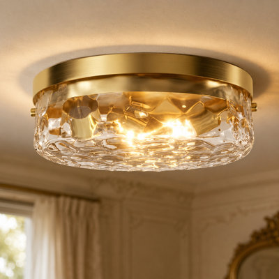 12''-3 Lights Brushed Brass Modern Metal And Glass Drum Dimmable Flush Mount Lighting For Bedroom