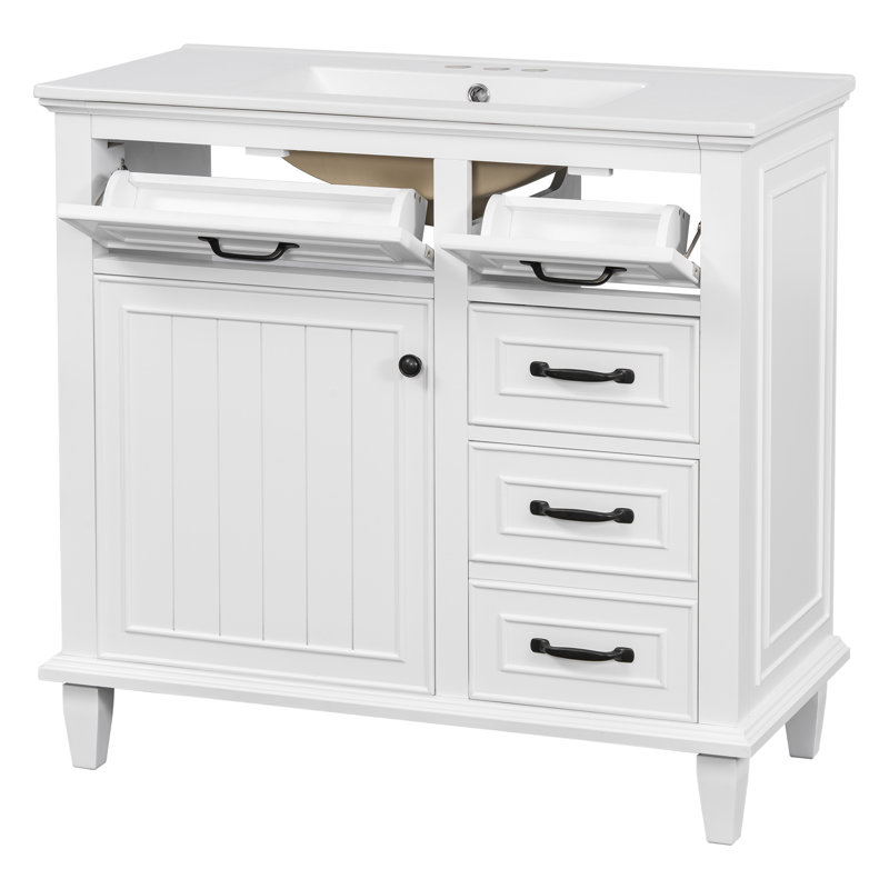 Kestrel 36-Inch Freestanding Bathroom Vanity with Ceramic Sink Top and Solid Poplar Wood Frame, White