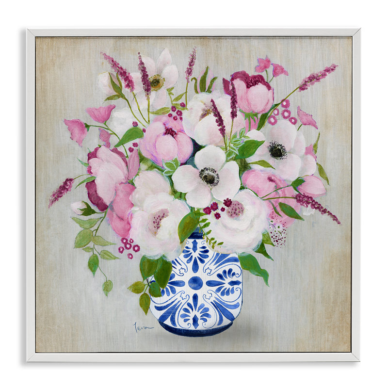 Giclée encadrée de fleurs chinoises roses, design par Janet Tava, H 17 po x l 17 po