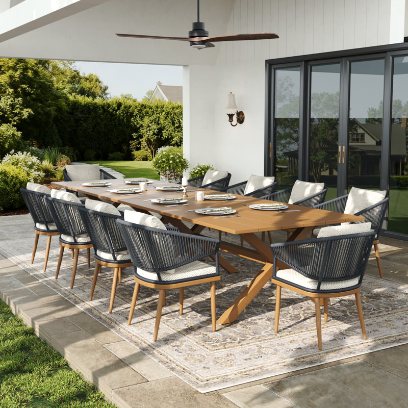 Rectangular Outdoor Dining Set With Cushions, 12 Pcs: 2 Tables, 10 Chairs, Beige Cushion/Brown Wood Frame