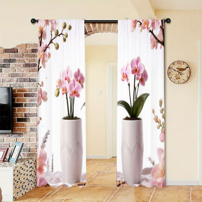 2 Panels Pink Orchid Blossom Branch Light Filtering Curtain, Floral Home Decor, Rod Pocket Easy Hang Design, All Season Window Drapes for Living Room Bedroom Study