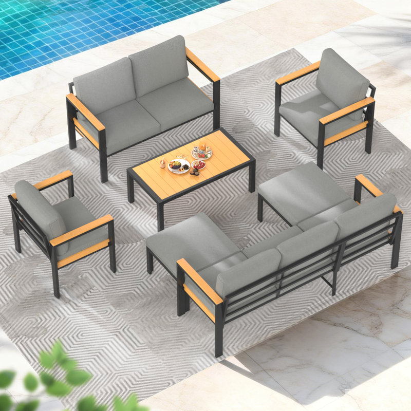 7PCS Patio Furniture Set, All-Weather Outdoor Conversation Set With Coffee Table & 2 Ottomans, Gray