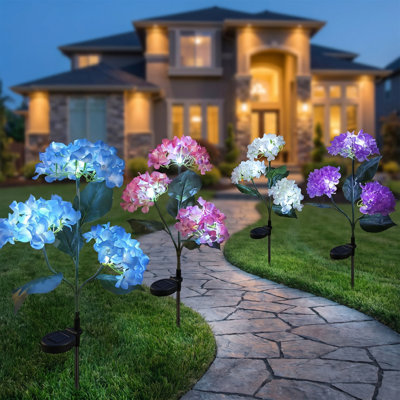 4-Pack Solar Hydrangea Lights, 3 Flowers per Light, Colorful Outdoor Garden Decor, Adjustable Stems, Waterproof, Gifts