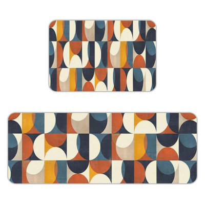 Retro Mid-Century Geometric 2-Piece Set, Non-Slip Flannel Rugs for Kitchen & Office Space