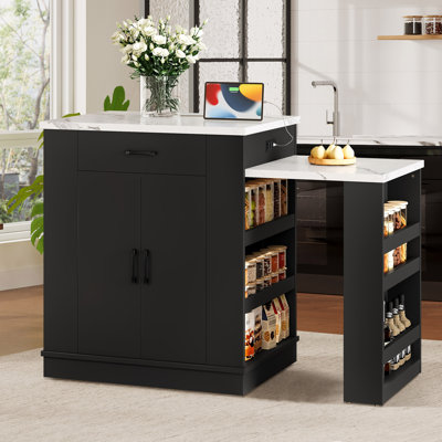 80.7" Kitchen Island With Extendable Table, Kitchen Dining Table With Drawers, Double-Door Cabinet