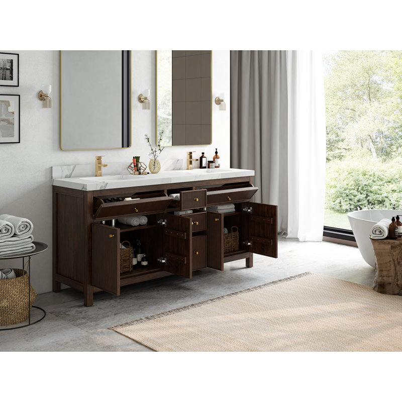 Teck de 72 po Sonoma X P 22 po Meuble-lavabo double en noyer foncé D, 2 po - or Calacatta