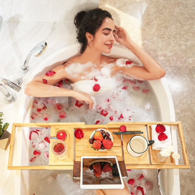 Expandable Wooden Bathtub Tray, Adjustable Tub Caddy with Non-Slip Design, Bathroom Spa Organizer, Housewarming Anniversary Wedding Birthday Gift