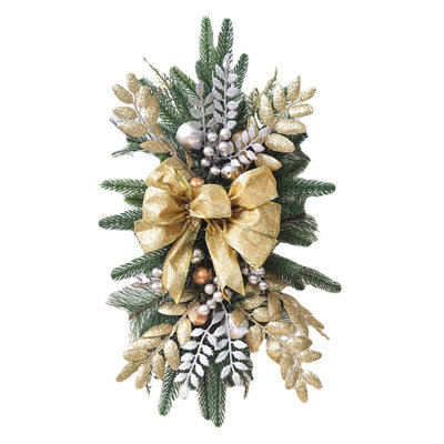 Christmas Swags Christmas Wreaths For Front Door, Prelit Xmas Stairway Swag Christmas Decorations, Artificial Winter Garland With Bow, Balls, Stair Railing Wall Window Xmas Decor