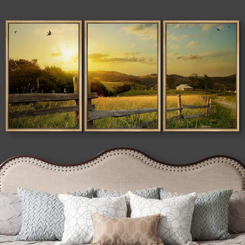 Rural Landscape Field and Grass Modern Wall Decor, 36" H x 72" W, Natural Floater Framed