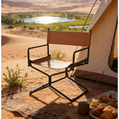 Chaise de réalisateur pliante en cuir de 53 cm avec table d'appoint dépliable, supportant jusqu'à 90 kg, idéale pour le camping, la terrasse, le jardin et la pêche à l'extérieur, marron.
