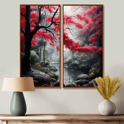 Minimalist Monochrome Red Forest III - Red Wall Art Set Of 2
