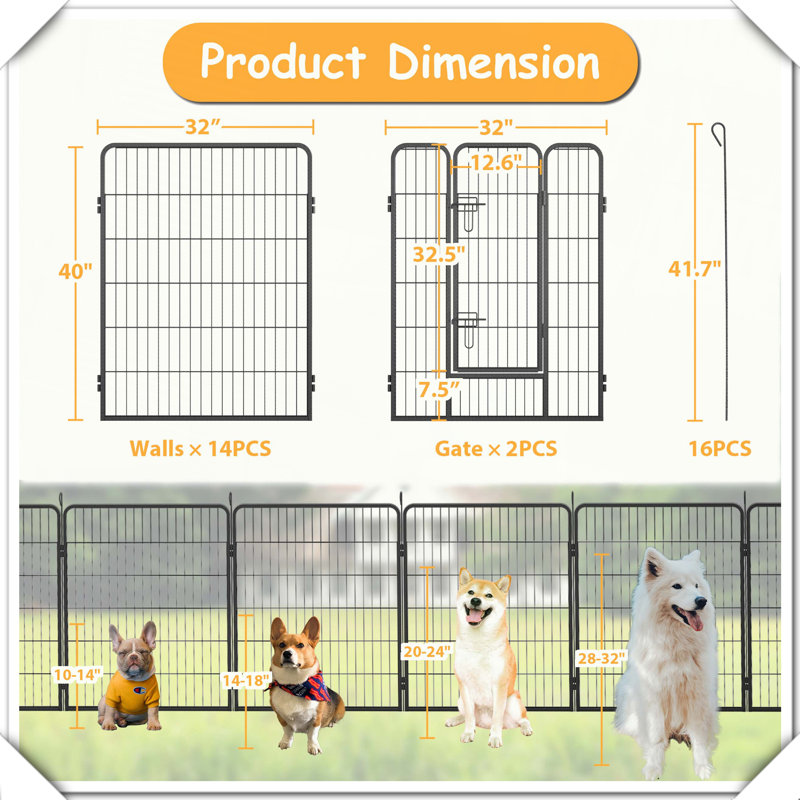 Clôture portative pour chien à 16 panneaux avec portes et finition martelée