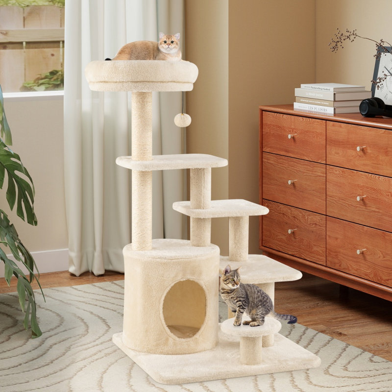 Arbre à chat à plusieurs niveaux de 101,6 cm avec niche et balle à grelots suspendue, beige, Beige