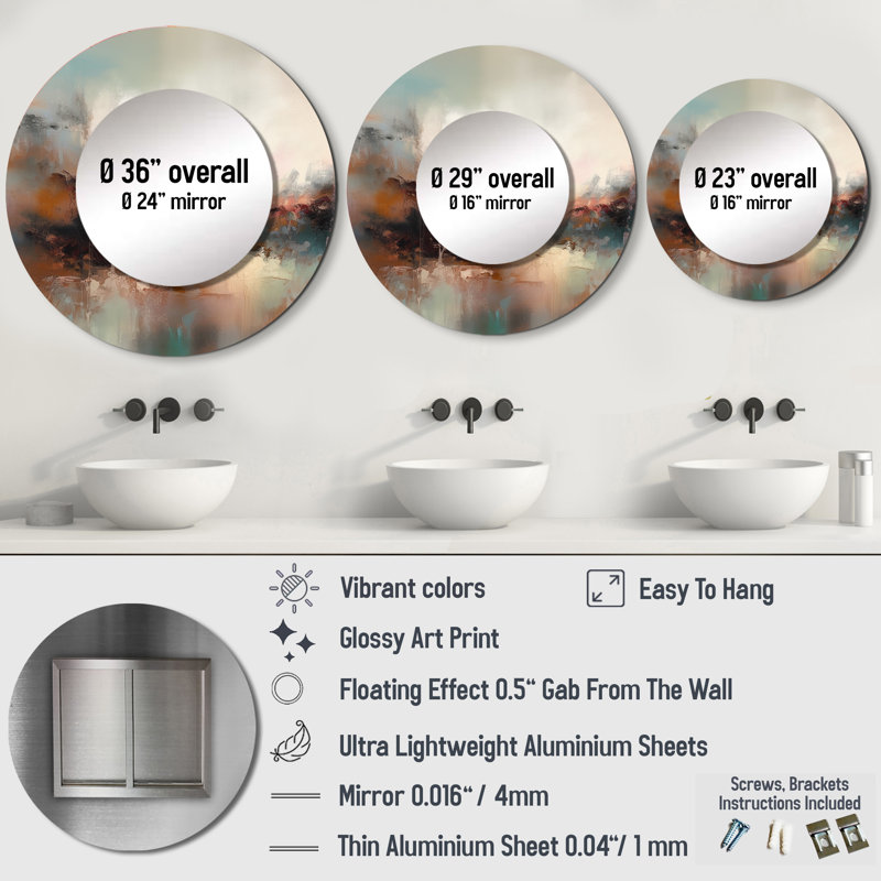 Prasun brun abstrait nature I - paysage décoratif miroir, miroir mural rond beige, impression d'art en métal, 29 po x 29 po