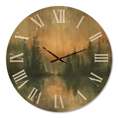 Très grande horloge murale panoramique en bois - Lever de soleil dans la forêt III