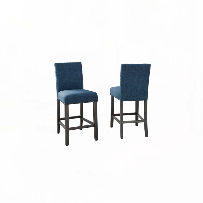Fabric Upholstered Wood Bar Stools Set with Nailedhead Trim,Back, Blue