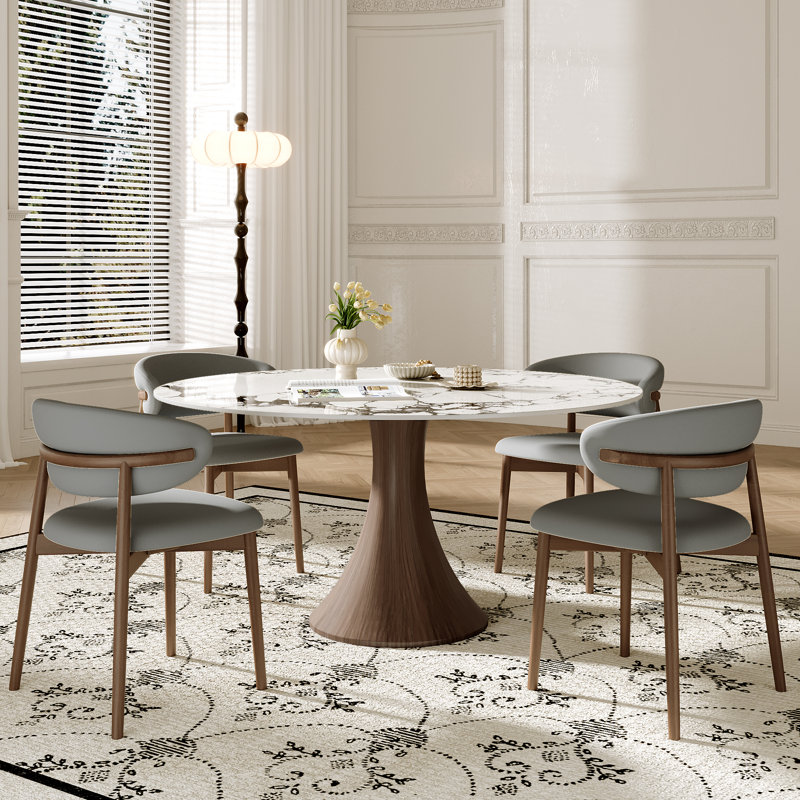 Stone Round Boydton With 4/6 Premium Solid Wood Leather Upholstered Dining Chairs For Kitchen/Dining Room, Sand