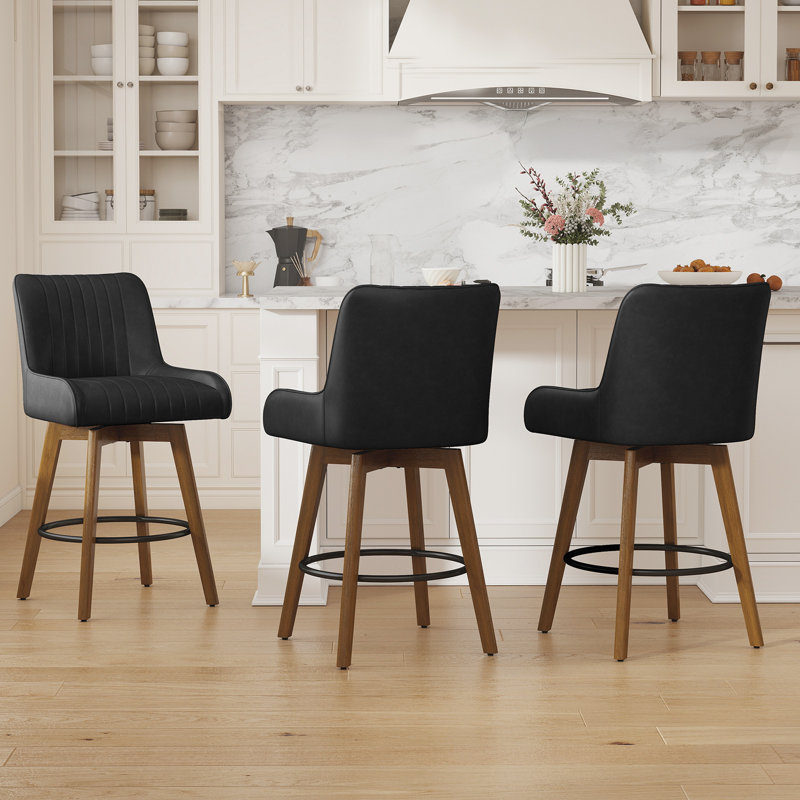 Tabouret de bar pivotant extra large à 360 ° avec siège à ressorts ensachés et base en bois massif, Noir