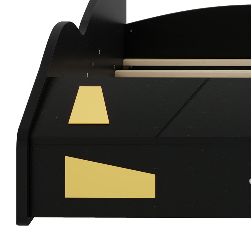 Race Car-Shaped Platform Bed With Wheels And Storage, Black/Yellow, Twin