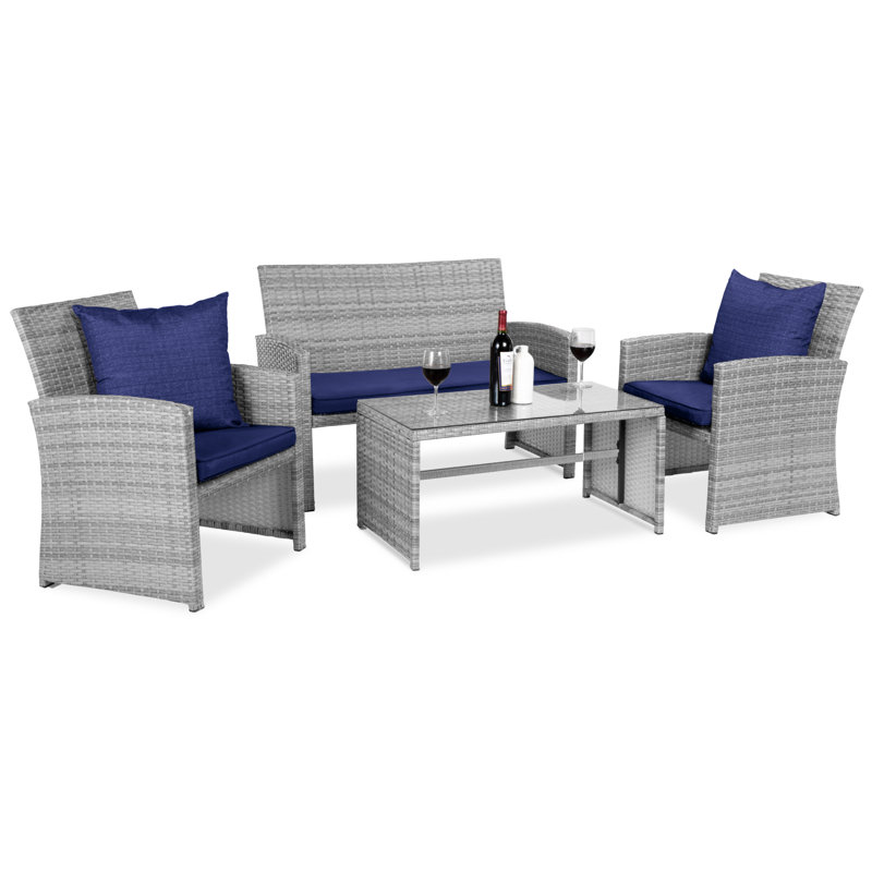 4-Piece Outdoor Wicker Patio Conversation Furniture Set w/ Table, Cushions, Navy/Gray