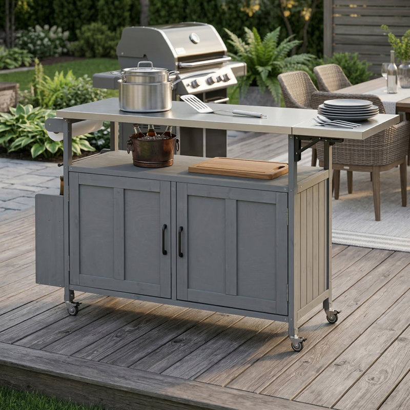 Îlot de cuisine extérieur pliable avec roues verrouillables, armoire de rangement et porte-serviettes pour patio, jardin, gris