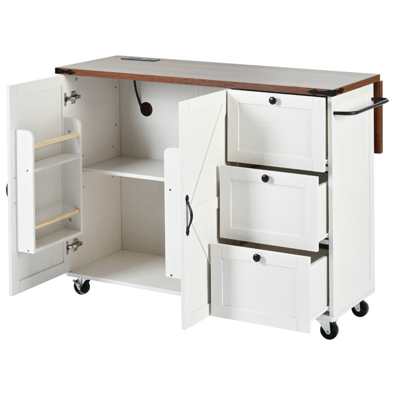 54.5" Farmhouse Kitchen Island With Drop Leaf, Built-In Power Outlet, Sliding Barn Doors With Internal Storage Racks, Spice Rack, Rolling Kitchen Cart On Wheels
