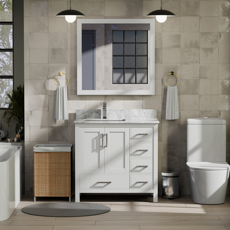 Meuble-lavabo décalé gauche L 36 po x P 22 po Jacques, Blanc, Marbre de Carrare blanc