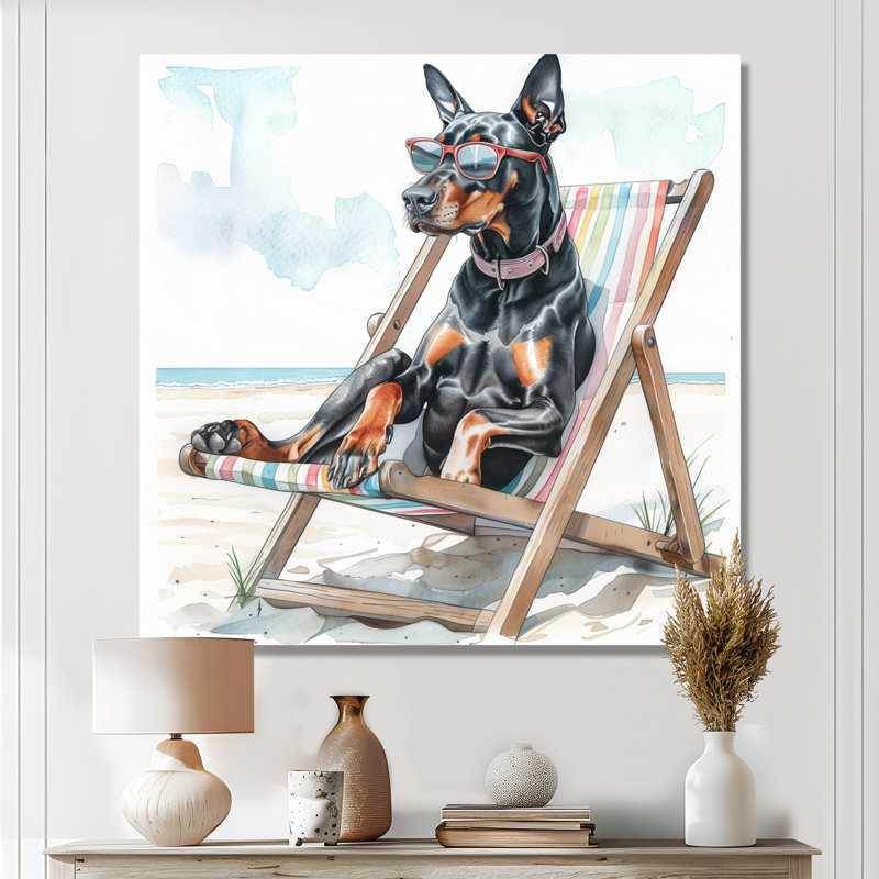 Doberman chien relaxant sur une chaise de plage II - décor mural animal côtier, Black Picture Framed, H 30 po x l 30 po