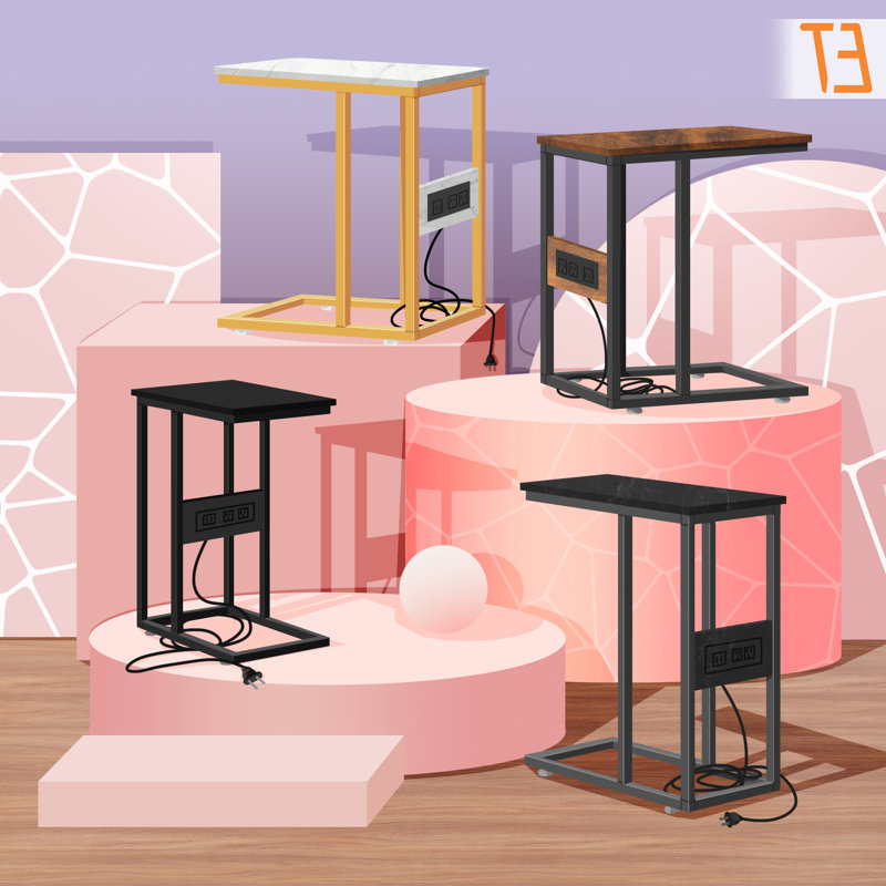 C End Table With USB And Built-In Outlets, Black Top/Black Base