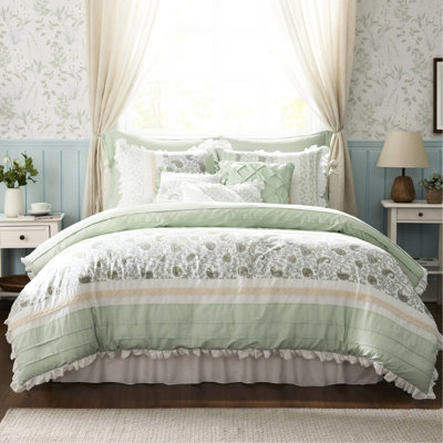 9 Cotton Comforter For King Bed. Sage . Exquisite Floral . Consists Of Comforter, Shams, Euro Bed Skirt, And Decorative Pillows. All Season Breathability. Soft Comfortable 9 Piece . Contains 3