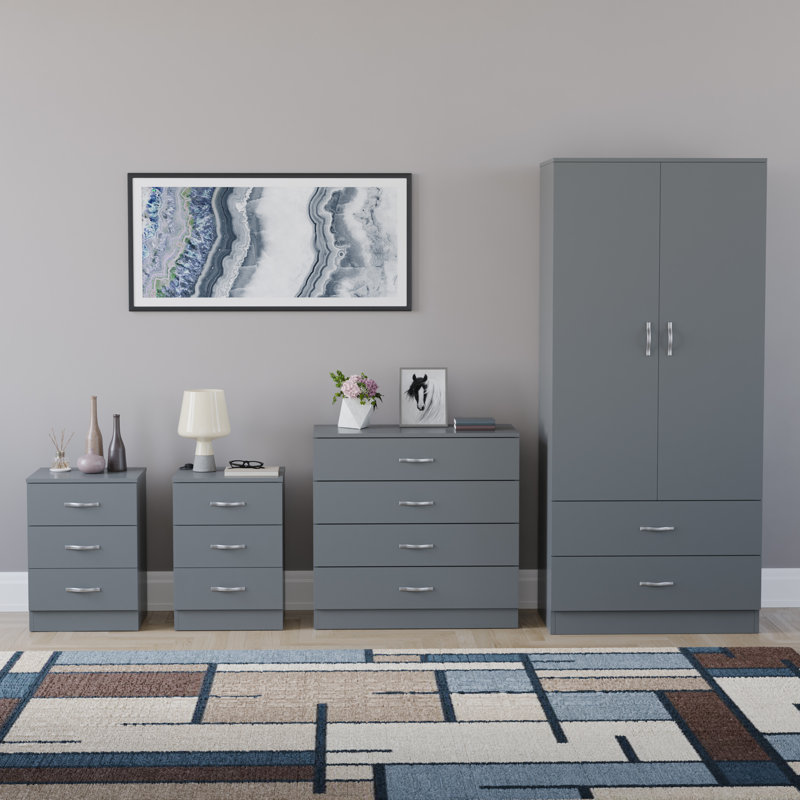Tayce 4 Piece Bedroom Set (3 Drawer Bedside Chest X2, 4 Drawer Chest, 2 Door 2 Drawer Wardrobe), Grey