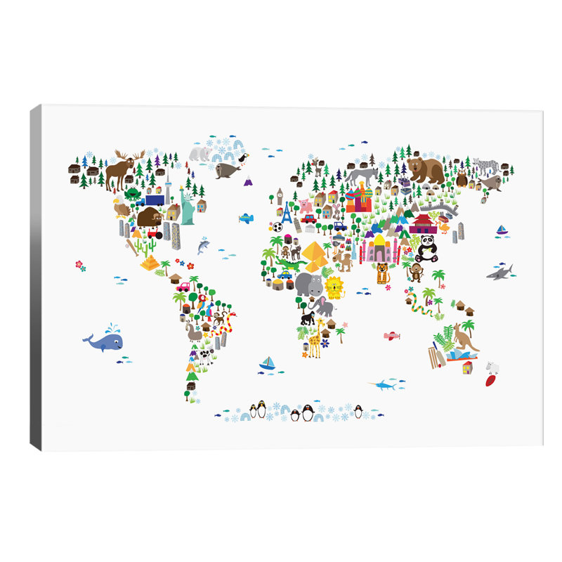 Animal Map Of The World by Michael Tompsett - Print on Canvas, 30.48 cm H x 45.72 cm W, No Frame