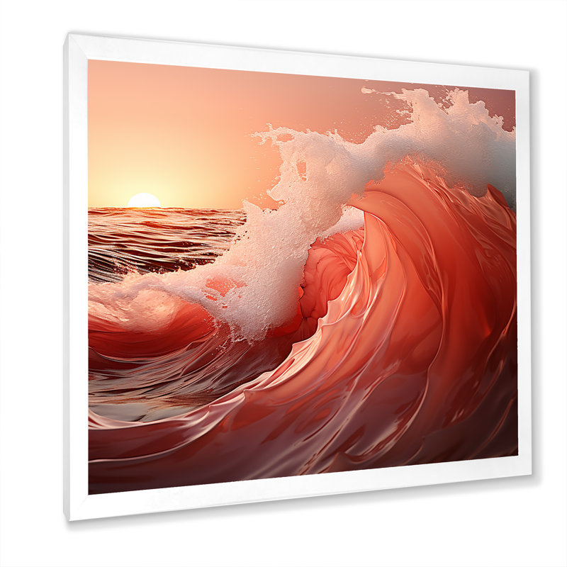 Minimalisme vague rose lever de soleil - nautique et plage, salon d'art mural, Cadre simple blanc, H 24 po x l 24 po x P 1 po