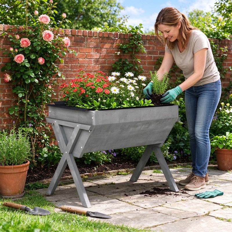 Wooden Elevated Planter Box with Legs, Raised Garden Bed with Fabric Bed Liner, Light Grey