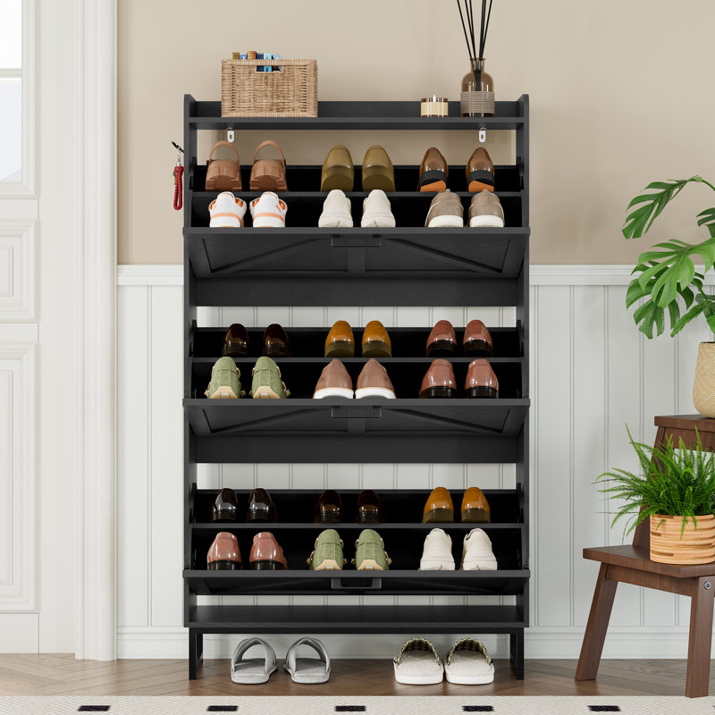 3-Tier Flip-Top Safety Shoe Cabinet with Anti-Tip Mechanism—Essential Entryway Storage Solution, Black