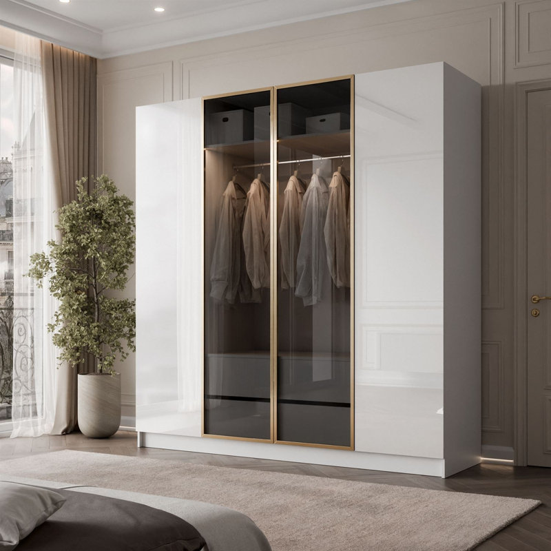 Wardrobe, LED included, Handleless opening system, white/ white gloss