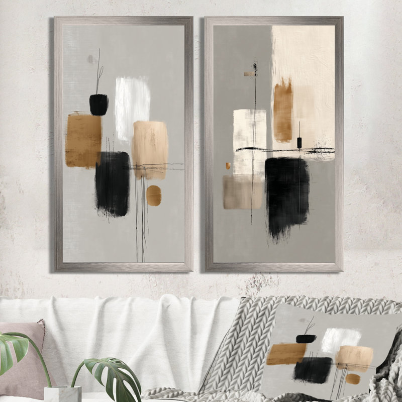 Formes noires avec mélange abstrait de minimalisme gris - art minimaliste gris 2 pièces, H 32 po x l 32 po